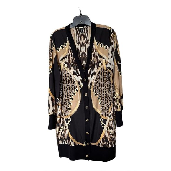 Chico's Black Label Mixed Print Black/Gold Woven Long Cardigan Size 2 or Large - Picture 1 of 10